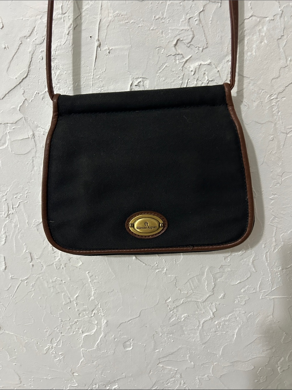 Etienne Aigner Black Crossbody with Brown Trim and Gold Hardware